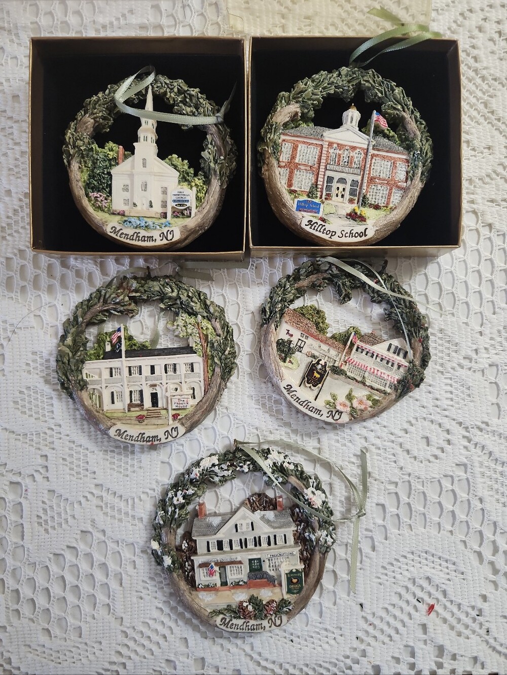 Vtg Lot Of 5 Mendham New Jersey Christmas Ornaments HESTIA Hand Made & Signed